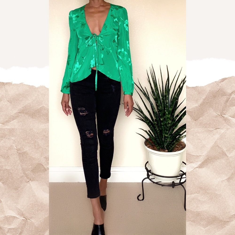 Topshop Green Tie Front Top